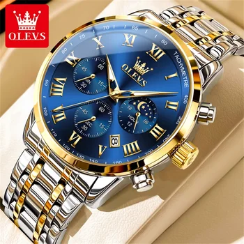 OLEVS-Relógio Quartz Fase da Lua Masculino, Aço Inoxidável, Impermeável, Relógio de Pulso Masculino, Data, Original, Marca de Luxo, Hot Sales