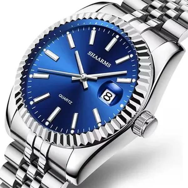 Relógio de quartzo azul de luxo masculino com pulseira de aço inoxidável, relógio de pulso comercial, marca superior, calendário, moda