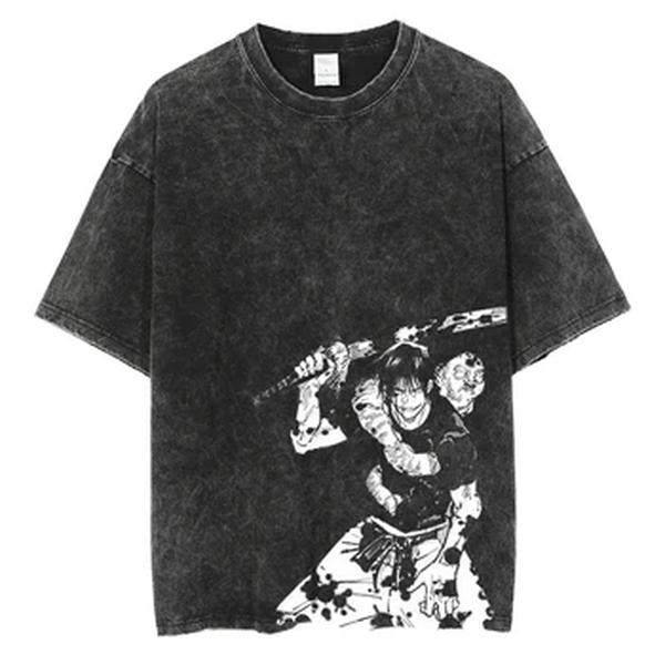 Camiseta com estampa gráfica japonesa do anime masculino, streetwear de hip hop, camiseta de manga curta casual Harajuku camiseta lavada solta, verão