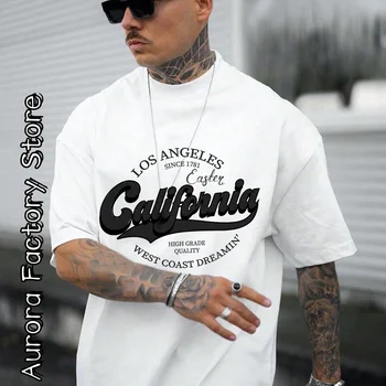 Camiseta estampada masculina em Los Angeles Califórnia, tops de algodão, camiseta masculina na moda, manga curta, streetwear americano, verão