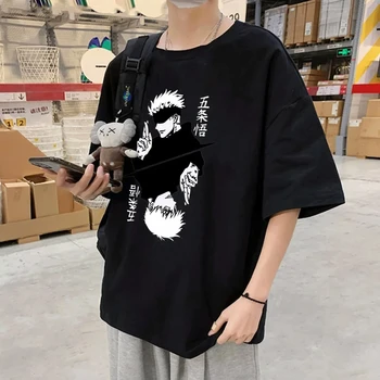 Jiu-jutsu Kaisen Anime masculino camiseta gráfica de algodão, camiseta Satoru Gojo, camisas com gola O, roupas femininas de manga curta, moda