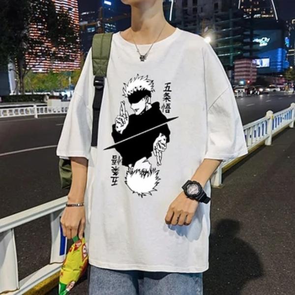 Jiu-jutsu Kaisen Anime masculino camiseta gráfica de algodão, camiseta Satoru Gojo, camisas com gola O, roupas femininas de manga curta, moda