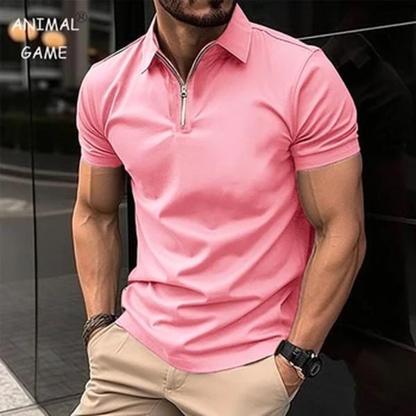 Camisa polo monocromática masculina, manga curta, gola com zíper, virada para baixo, tops de streetwear, corredor masculino, verão, nova