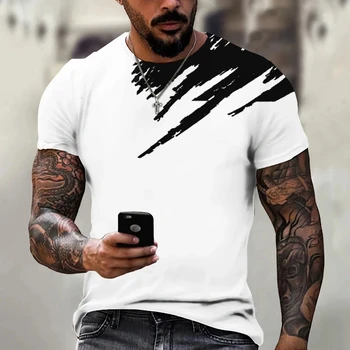 Camiseta larga com gola redonda masculina, tops casuais soltos, estilo simples, cor preto e branco, impressão artística 3D, novo design da moda