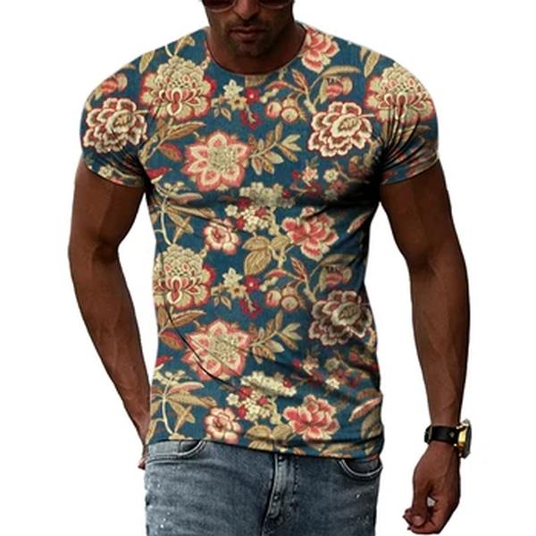 Verão nova masculina floral padrão 3d camiseta rua hip hop personalidade impressão topos moda em torno do pescoço manga curta roupas