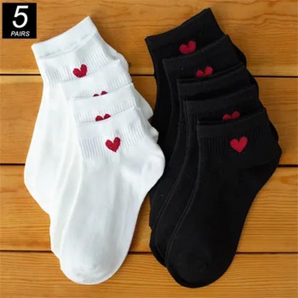 Meias de algodão de baixo tubo para mulheres, preto e branco, meias fofas, coração do amor, faculdade JK Girls, primavera e verão, 5 pares