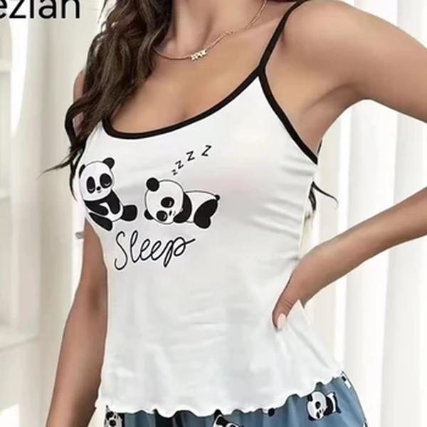 Pijama conjunto com panda impressão para as mulheres, pijamas com shorts e shorts, 2 pcs, tamanho s m l