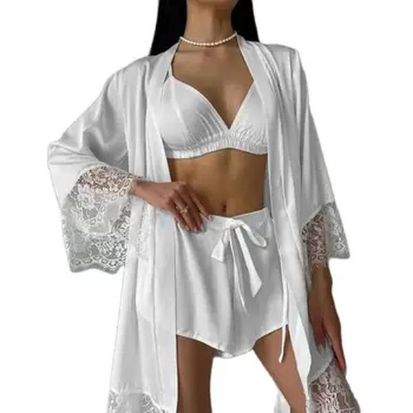 Pijama feminino branco de renda, confortável, solto, top de manga comprida, shorts de cueca suspensa, elegante, novo, verão, 3 peças, 2024