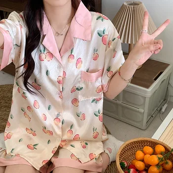 Pijama de seda para mulheres, estilo slim, novo pijama high-end com pêssego estampado, roupas para casa, roupas ao ar livre