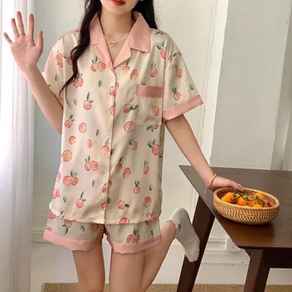 Pijama de seda para mulheres, estilo slim, novo pijama high-end com pêssego estampado, roupas para casa, roupas ao ar livre