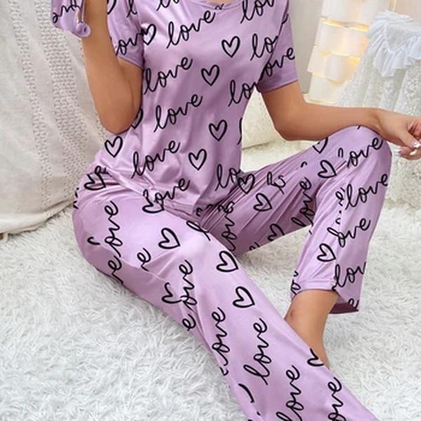 Pijama de manga curta feminina, calça casual confortável, roupa de casa, padrão amor, novo