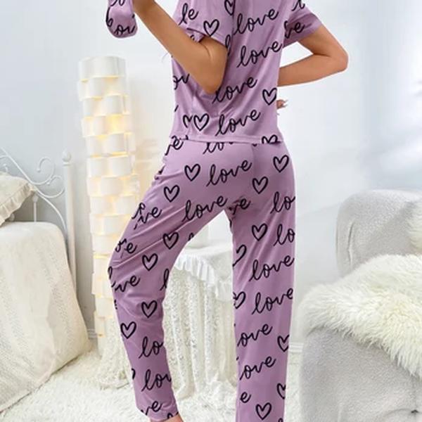 Pijama de manga curta feminina, calça casual confortável, roupa de casa, padrão amor, novo