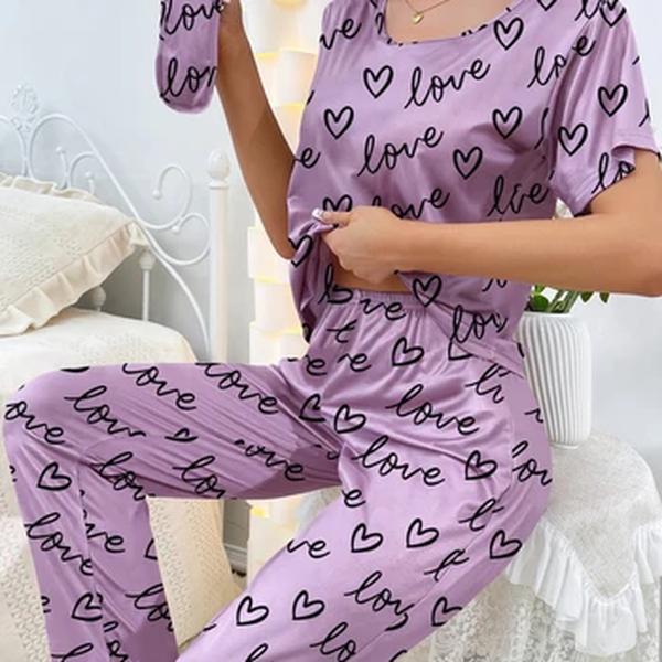 Pijama de manga curta feminina, calça casual confortável, roupa de casa, padrão amor, novo