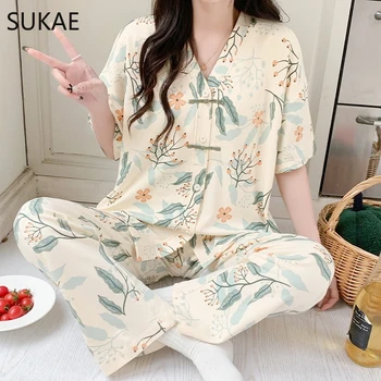 SUKAE-Conjunto de pijamas florais de algodão falso feminino, pijamas femininos, decote em v, pijamas chiques, estilo chinês, lazer, verão, novo