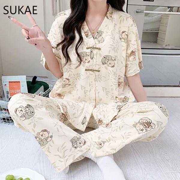 SUKAE-Conjunto de pijamas florais de algodão falso feminino, pijamas femininos, decote em v, pijamas chiques, estilo chinês, lazer, verão, novo