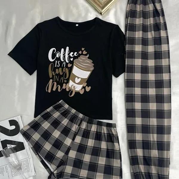 Pijama feminino confortável de três peças, casual para casa, shorts de manga curta, calças compridas, novo estilo