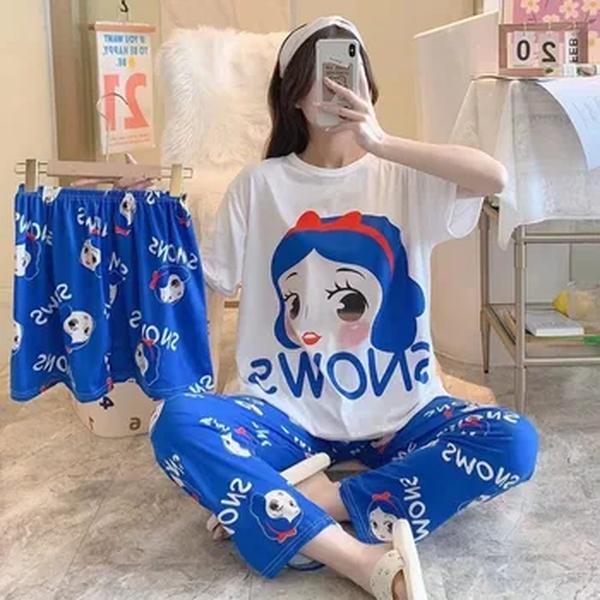 Conjunto de pijamas de manga curta e longa de três peças para meninas, senso premium feminino de Homewear de verão, desenho animado, novo