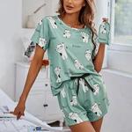 Conjunto de pijamas estampados para desenhos animados femininos, pijamas de manga curta, top e calça, pijamas, pijamas loungewear, 3 peças