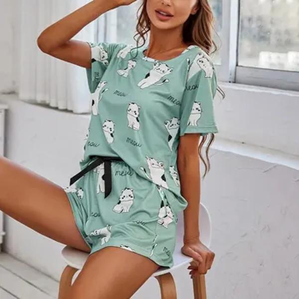 Conjunto de pijamas estampados para desenhos animados femininos, pijamas de manga curta, top e calça, pijamas, pijamas loungewear, 3 peças