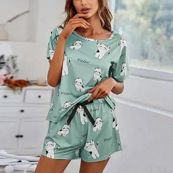 Conjunto de pijamas estampados para desenhos animados femininos, pijamas de manga curta, top e calça, pijamas, pijamas loungewear, 3 peças