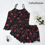 Mulheres Pijamas Conjunto Pijama Camisola Shorts Preto S M L Red Lip Print Scoop Neck Ice Silk Confortável Casual