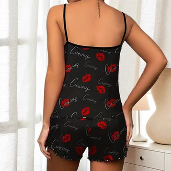 Mulheres Pijamas Conjunto Pijama Camisola Shorts Preto S M L Red Lip Print Scoop Neck Ice Silk Confortável Casual