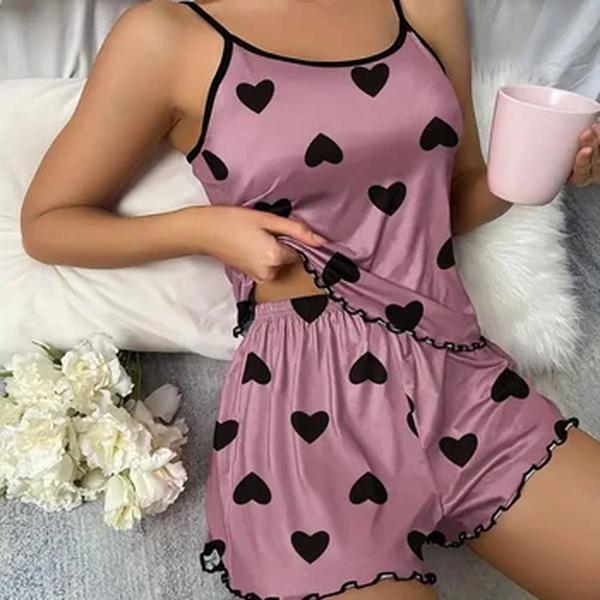 Pijama de duas peças para mulheres, halter de lazer, shorts regatas e estampa confortável, roupa caseira para meninas, roupas sexy, verão