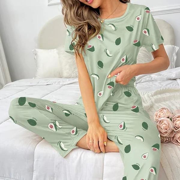 Conjunto de pijamas de manga curta feminino, roupas de casa, pijamas, camiseta estampada, calça comprida, padrão abacate, outono, novo, conjuntos de 2 peças, 2023