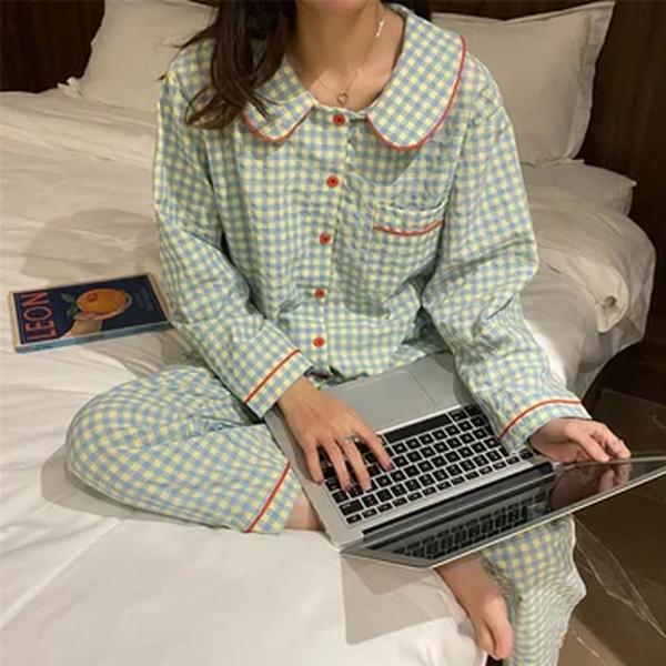 Pijama das mulheres Nova Primavera Outono Manga Longa Macia Pijamas Conjunto Grade dos desenhos animados pijama Mulher Casa Pijamas Conjunto Cardigan