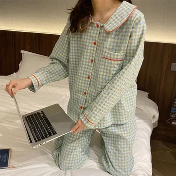 Pijama das mulheres Nova Primavera Outono Manga Longa Macia Pijamas Conjunto Grade dos desenhos animados pijama Mulher Casa Pijamas Conjunto Cardigan