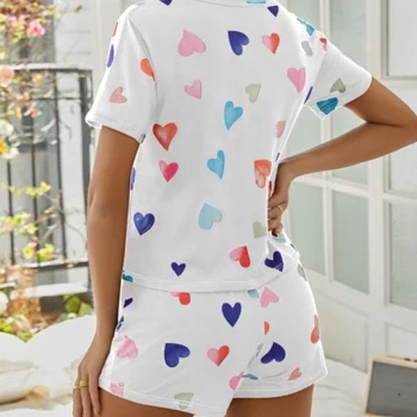 Pijamas de manga curta feminina, shorts estampados em coração, conjuntos de pijama feminino, lounge feminino, t plus size, 2 peças