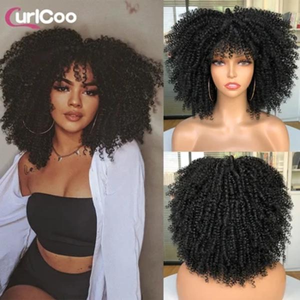 Curto Afro Curly Perucas com Franja para Mulheres Negras, Sintético, Loiro Natural, Perucas Cosplay, Glueless, Cabelo de Alta Temperatura, 14"