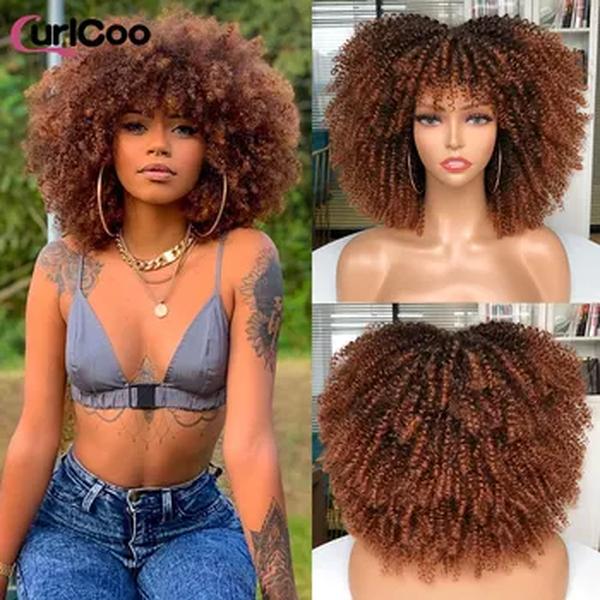 Curto Afro Curly Perucas com Franja para Mulheres Negras, Sintético, Loiro Natural, Perucas Cosplay, Glueless, Cabelo de Alta Temperatura, 14"