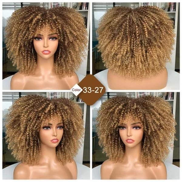 Curto Afro Curly Perucas com Franja para Mulheres Negras, Sintético, Loiro Natural, Perucas Cosplay, Glueless, Cabelo de Alta Temperatura, 14"