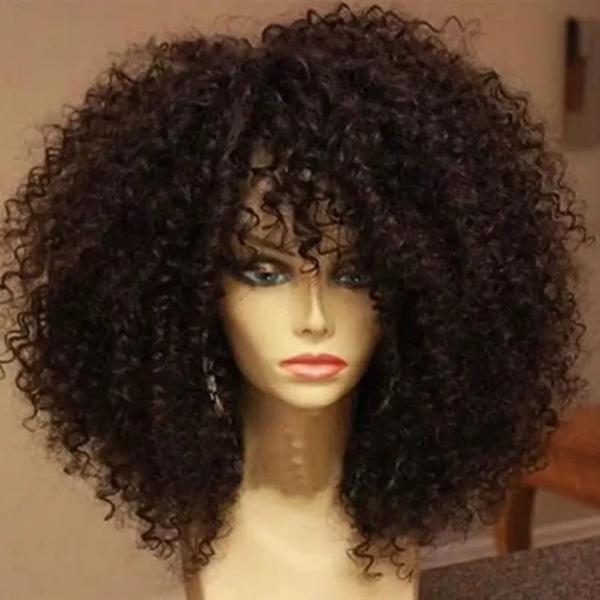 Afro Kinky Cabelo Encaracolado Perucas com Franja, Fibra Sintética Fofa Suave, Nenhuma Perucas De Renda, Festa Cosplay, Uso Diário, 16"