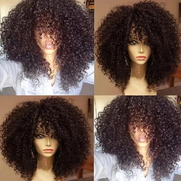 Afro Kinky Cabelo Encaracolado Perucas com Franja, Fibra Sintética Fofa Suave, Nenhuma Perucas De Renda, Festa Cosplay, Uso Diário, 16"