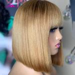 Peruca brasileira remy bob, cabelo curto liso, cor loiro mel, com estrondo, densidade 180, #27, máquina feita