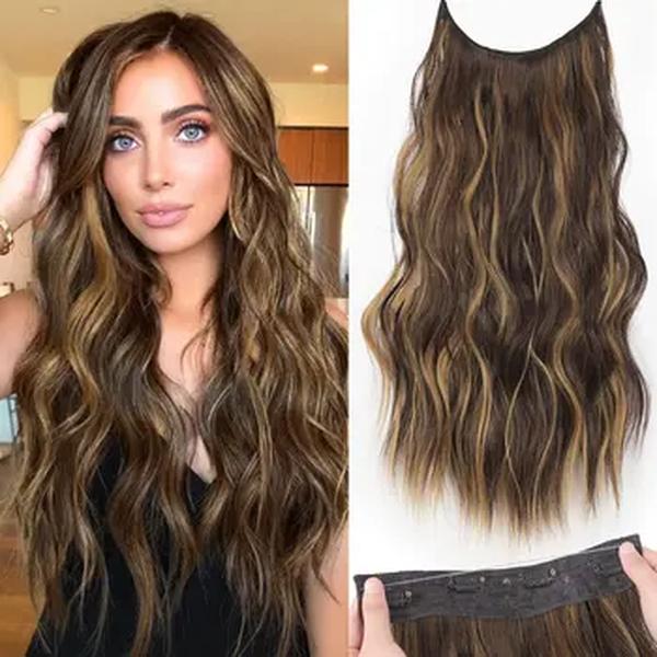 Extensões invisíveis do cabelo do fio para mulheres, hairpieces sintéticos naturais, marrom escuro ondulado, preto longo, 4 grampos, partido diário, 22"