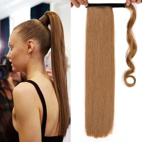 22 Polegada cabelo sintético longo em linha reta extensões de rabo de cavalo envoltório em torno preto marrom pônei cauda clip em extensões de cabelo para mulher