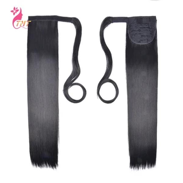 22 Polegada cabelo sintético longo em linha reta extensões de rabo de cavalo envoltório em torno preto marrom pônei cauda clip em extensões de cabelo para mulher