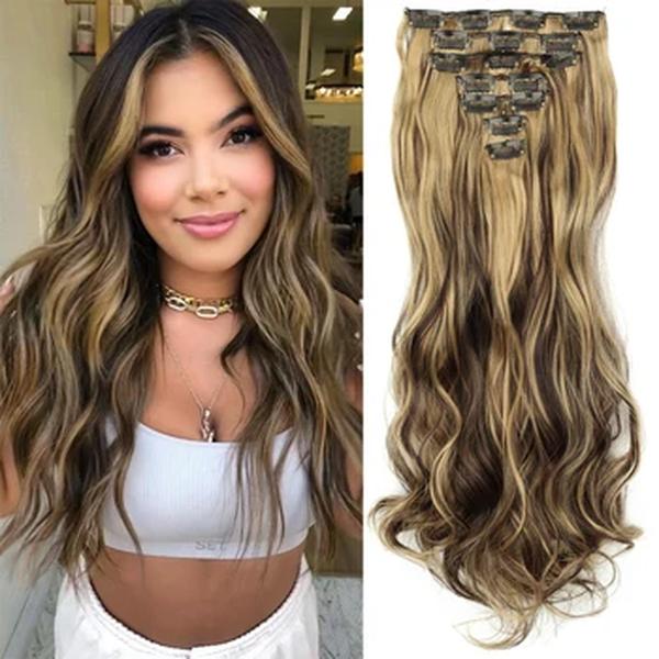 Longa reta ondulado extensão do cabelo, alta temperatura peruca sintética, clipe em extensões, 22 ", 16 clipes, 7pcs, conjunto