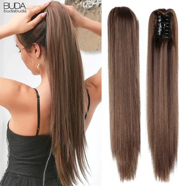 Extensão sintética do cabelo do rabo de cavalo para mulheres, grampo reto longo da garra, onda resistente ao calor, natural, peruca loura, 22"