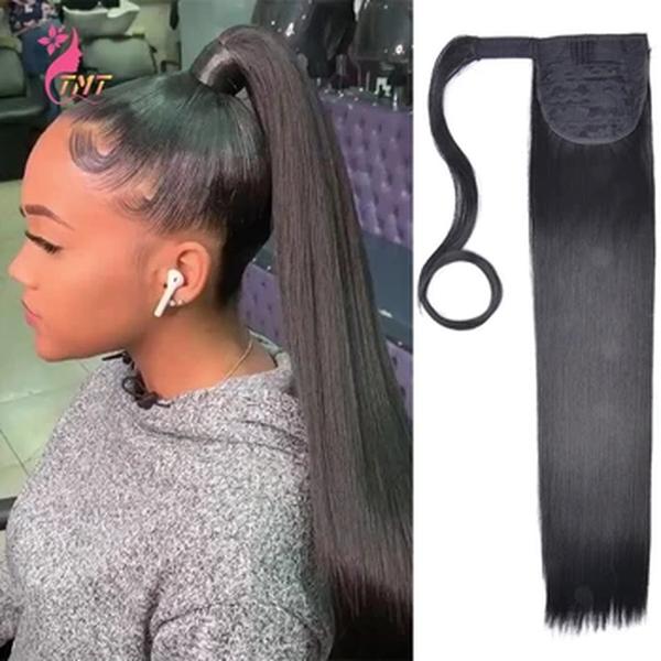 22 Polegada grampo de extensão de cabelo reto sintético em extensões de cabelo rabo de cavalo para as mulheres envoltório em torno de rabo de cavalo cor natural