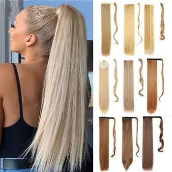 As extensões sintéticas retas longas do cabelo para mulheres, envoltório Ponytail, grampo no rabo de cavalo, hairpieces, Brown, cor preta, 22"