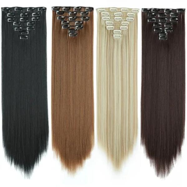 Extensões longas do cabelo reto, penteado sintético, louro, hairpieces pretos, resistente ao calor, cabelo falso, 16 grampos, 24"