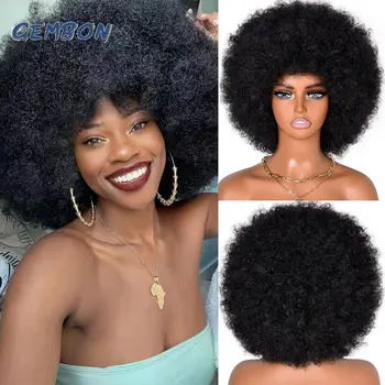 Peruca afro encaracolada suave com Franja para mulheres negras, cabelo sintético felpudo, peruca afro grande para uso diário na festa, anos 70