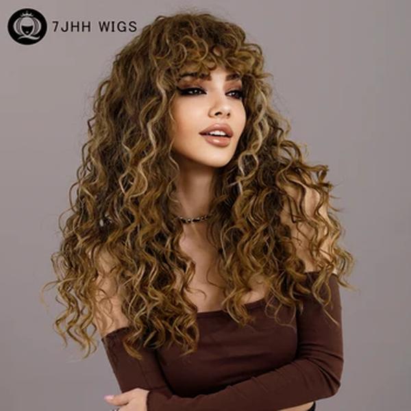 7jhh perucas afro kinky encaracolado peruca com franja peruca sintética loira encaracolado para preto feminino cabelo natural cosplay festa resistente ao calor