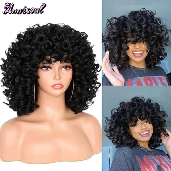 ANNISOUL-Perucas Curly Afro Kinky de Cabelo Curto com Franja para Mulheres Negras, Cabelo Sintético Fofo, Cosplay Loiro Castanho Africano, Perucas Naturais