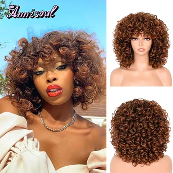 ANNISOUL-Perucas Curly Afro Kinky de Cabelo Curto com Franja para Mulheres Negras, Cabelo Sintético Fofo, Cosplay Loiro Castanho Africano, Perucas Naturais