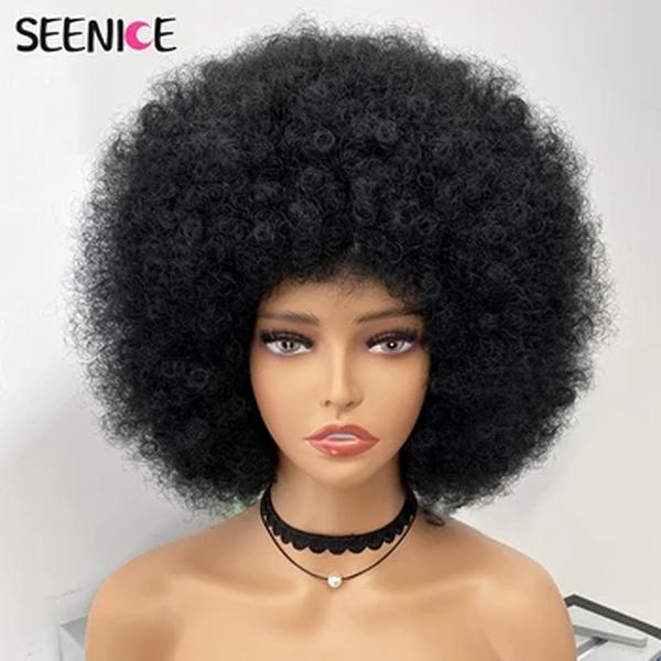 Peruca afro e encaracolada com Franja para mulheres negras, perucas de cabelo curto fofo, Ombre sintético, cosplay sem cola, marrom natural, preto, rosa